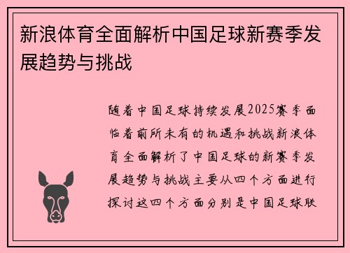 新浪体育全面解析中国足球新赛季发展趋势与挑战